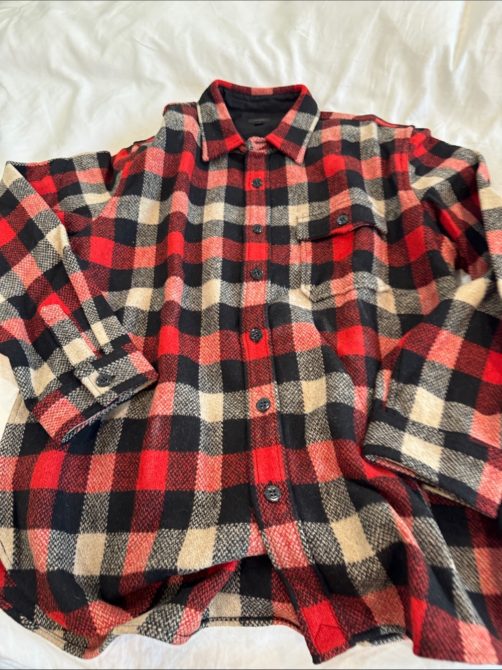 J. Crew Red Black Cream Plaid Button-Down Shirt Jacket In Wool Blend